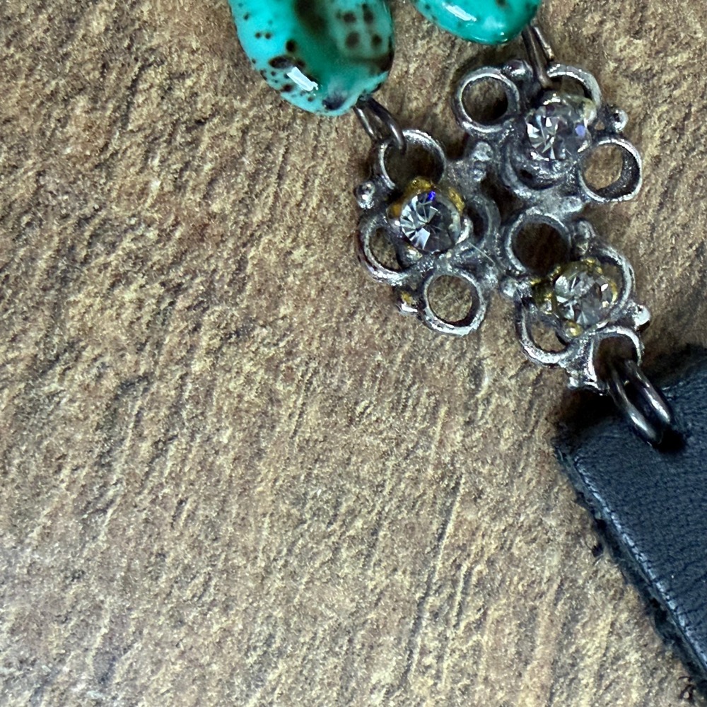 Turquoise Stone Black Leather Chain Belt Rhinestone Drop Size M/L - Picture 4 of 15